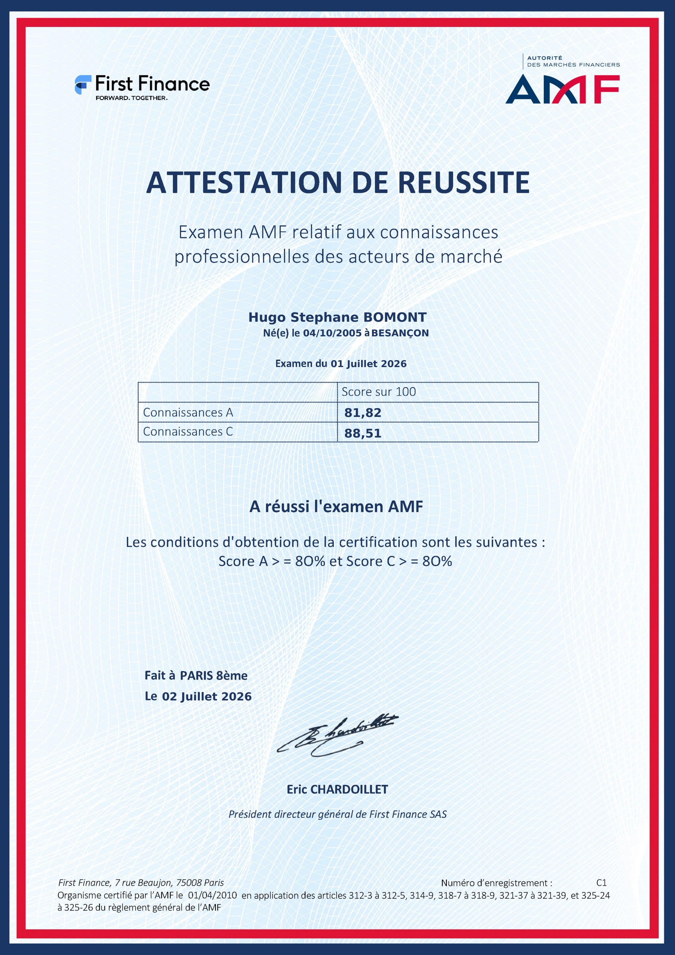 Attestation de réussite à l'examen AMF de Hugo Bomont, fondateur de Resell Alcool
