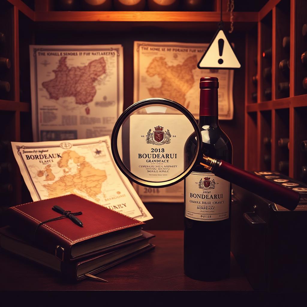 Cave a vin de prestige avec loupe sur une bouteille de grand cru, carnets en cuir et panneau d'avertissement
