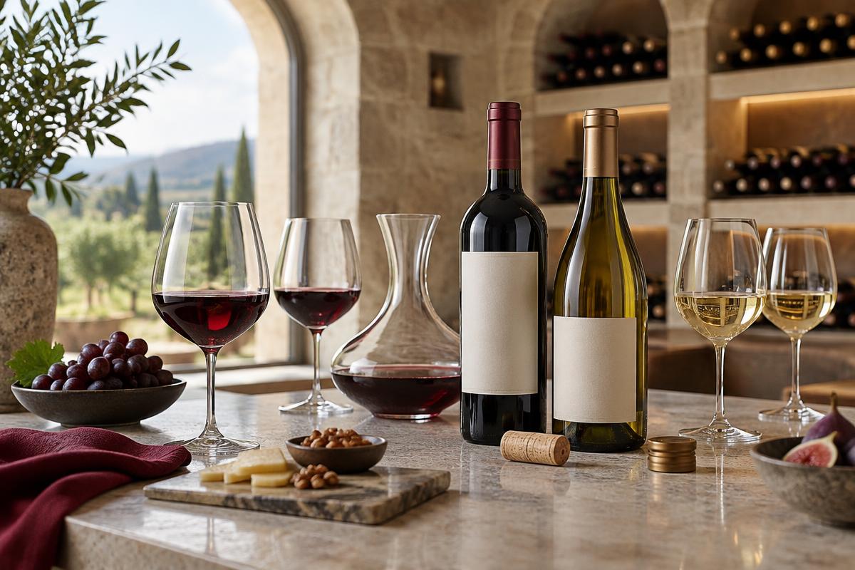 Table de dégustation avec vins rouge et blanc, carafe, bouchon en liège et capsule à vis dans une cave lumineuse