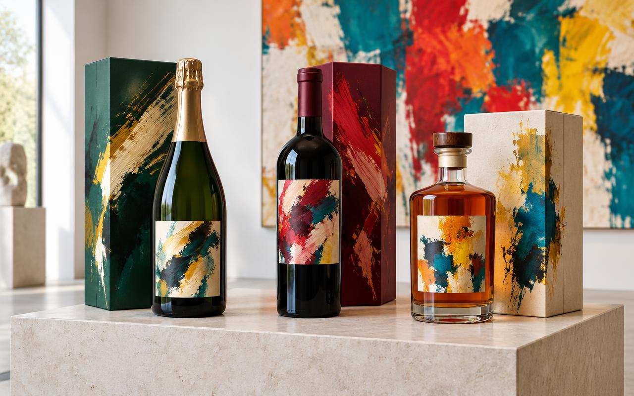 Bouteilles anonymes aux étiquettes artistiques et coffrets assortis dans une galerie d’art contemporain