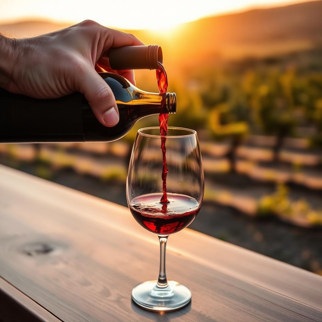 Service d'un vin rouge Grenache dans un verre en cristal, vignoble mediterraneen au coucher du soleil