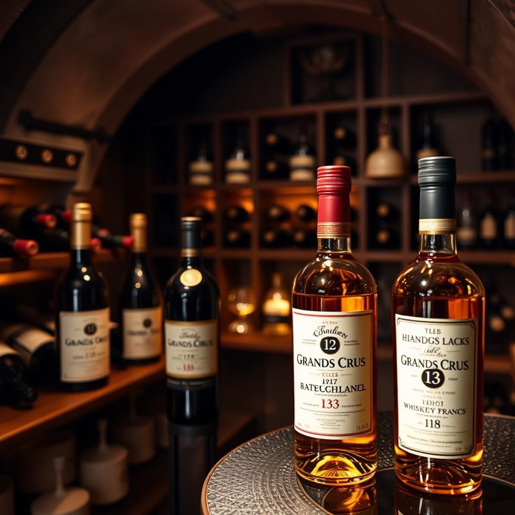 Cave à vin de prestige avec bouteilles de grands crus français et flacons de whisky rares — illustration de l'article Avis Resell Alcool