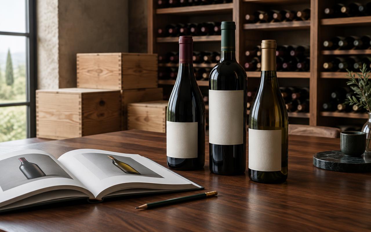 Trois bouteilles de vin sur une table de cave avec un catalogue de vente et des caisses en bois