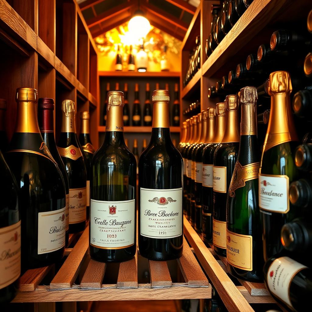 Cave d'investissement avec bouteilles de grands crus de Bourgogne, Champagne et Bordeaux alignées sur des casiers en bois