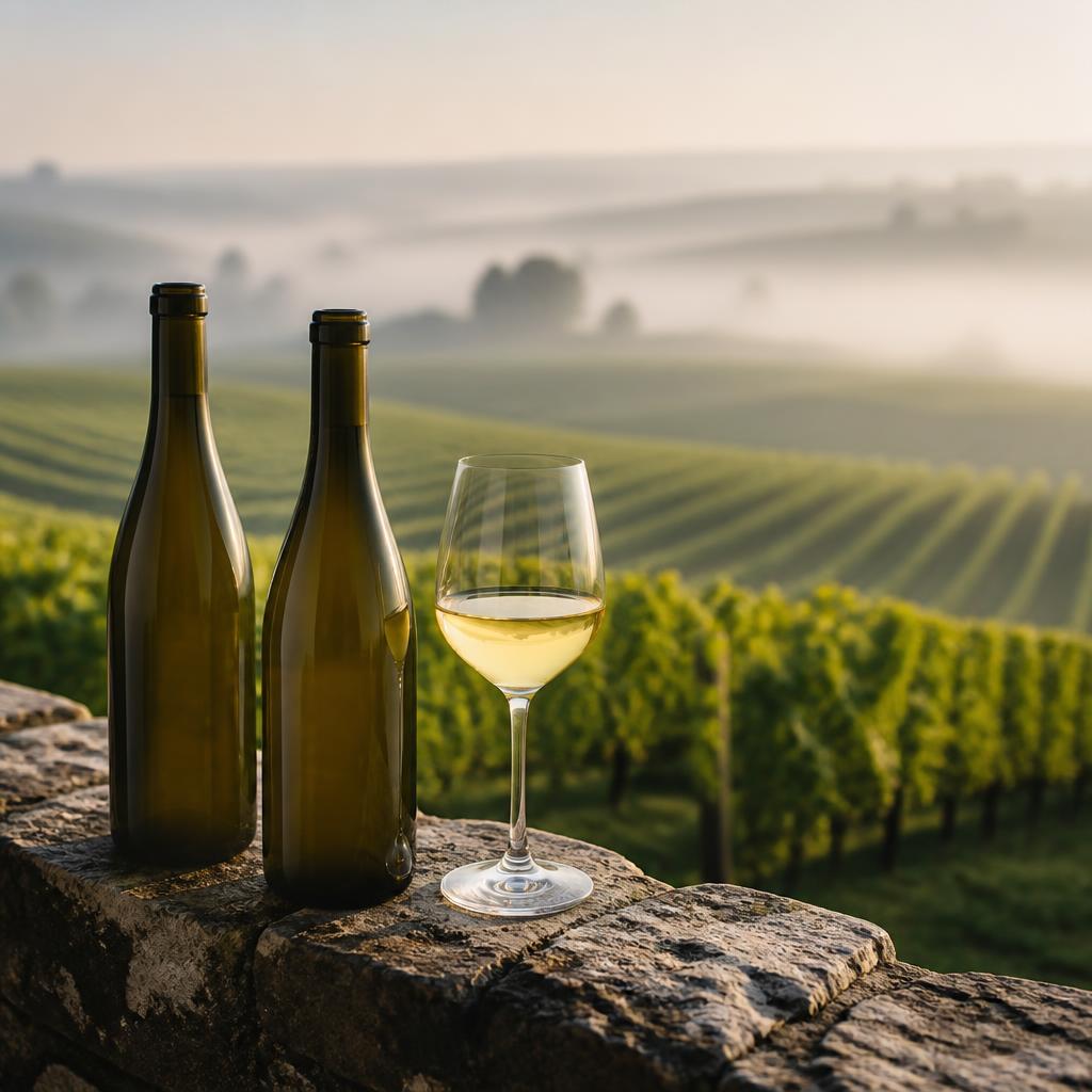 Verre de Chardonnay blanc de Bourgogne et bouteilles posés sur un muret calcaire devant les vignes
