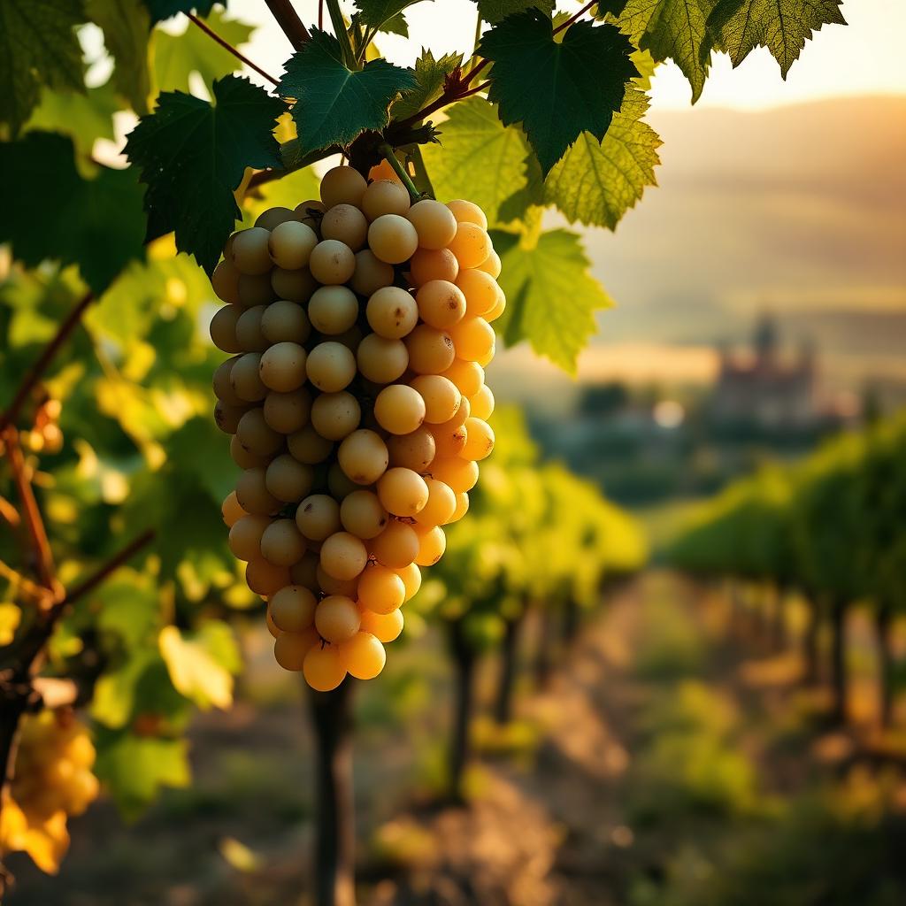 Grappes de raisins Chardonnay et Pinot Noir dans un vignoble de Champagne au coucher du soleil