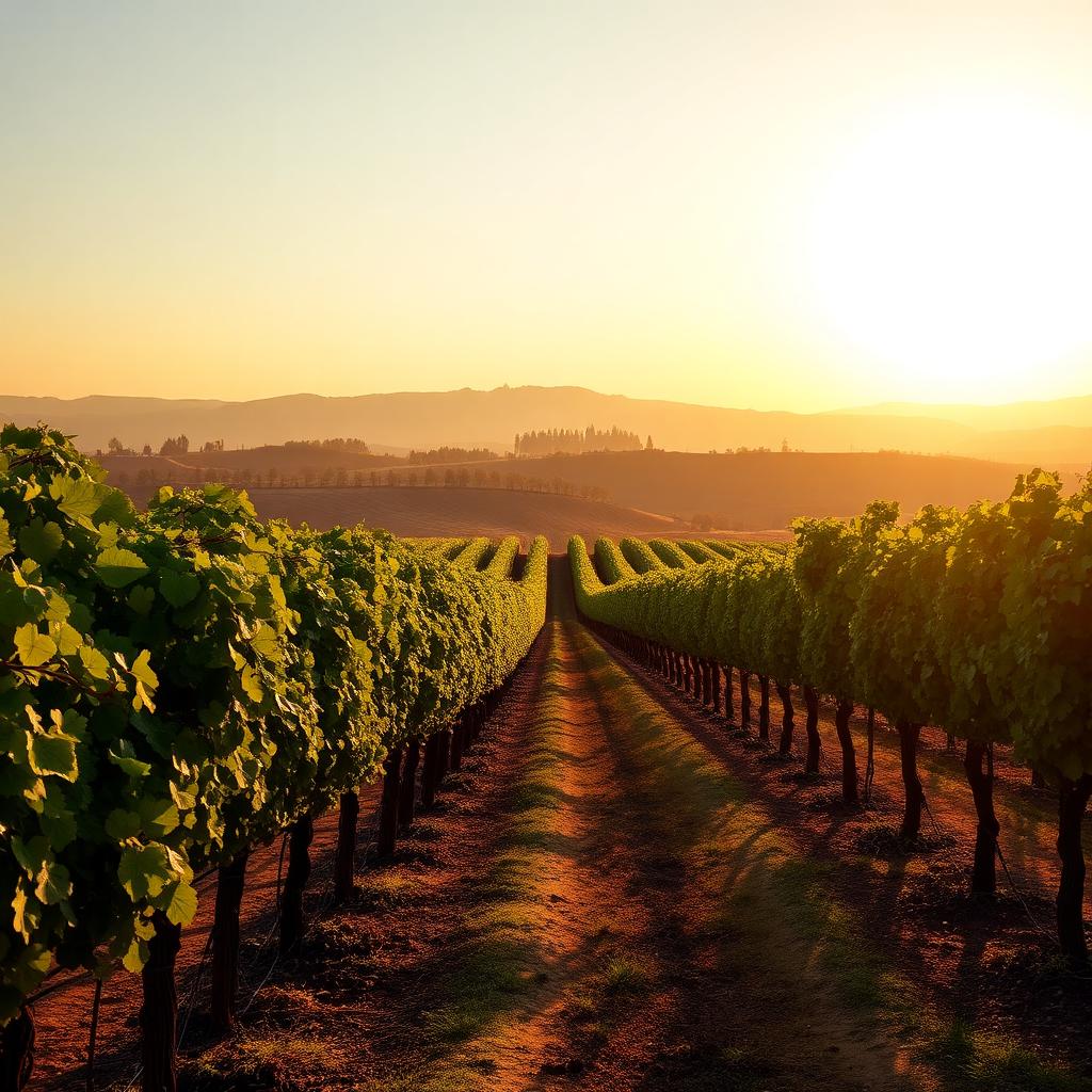 Rang de vignes au coucher du soleil, cepages varies dans un vignoble mondial luxueux