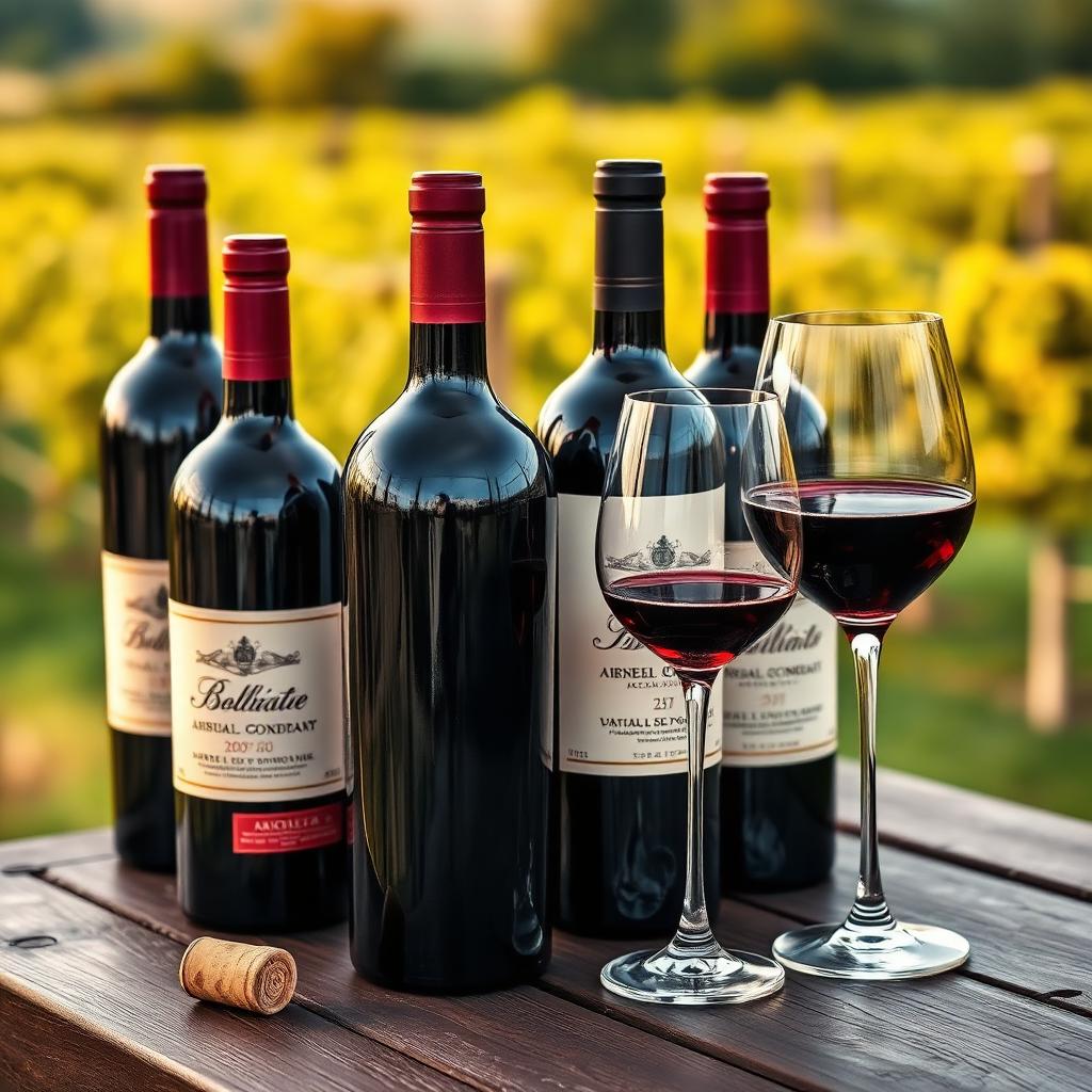 Bouteilles de grands crus de Bordeaux, verres de vin rouge et bouchon posés sur une table en chêne devant un vignoble - guide pour choisir un vin de Bordeaux
