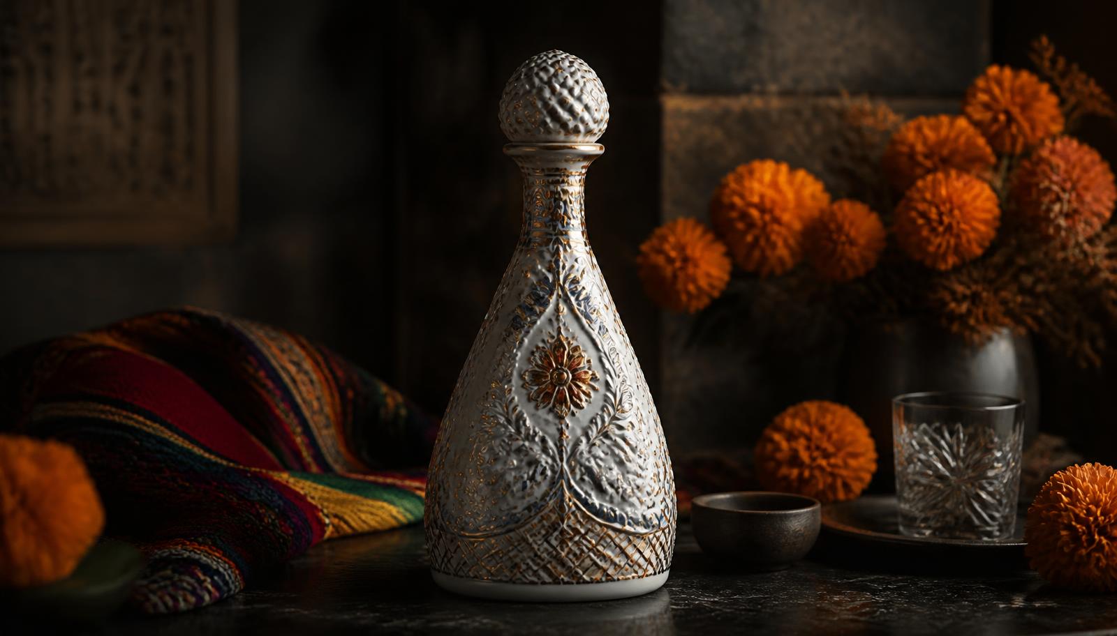 Carafe en céramique blanche peinte à la main de la Clase Azul México Édition Limitée 2025, posée sur une pierre sombre avec fleurs et textile mexicain