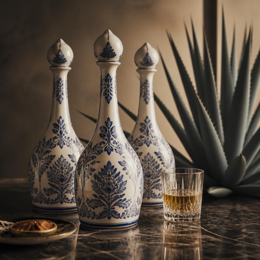 Bouteilles de tequila en céramique blanche peinte à la main aux motifs bleus, posées sur un plan de marbre sombre avec un verre de tequila et un agave bleu