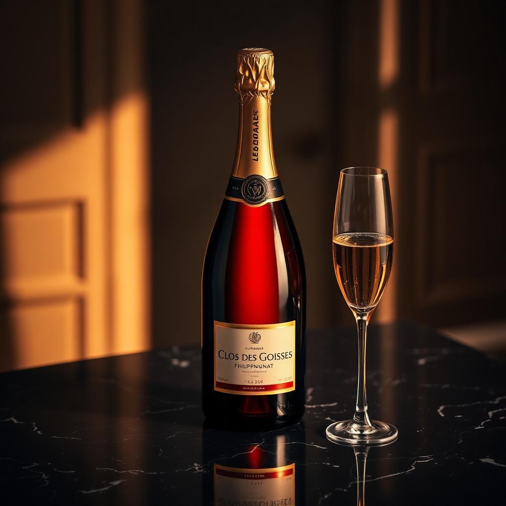 Bouteille de Clos des Goisses Philipponnat et flute de champagne sur marbre noir, eclairage dore