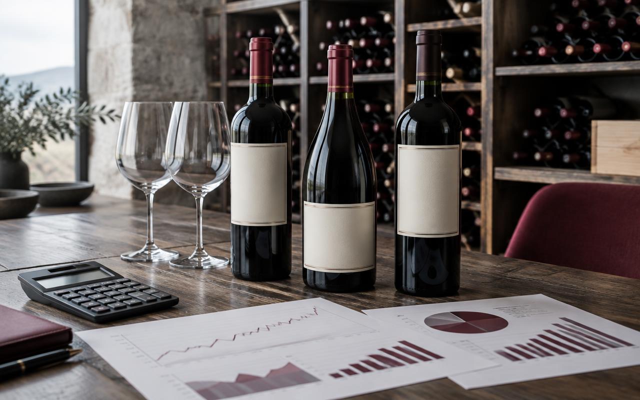 Bouteilles de grands vins dans une cave, accompagnées de verres, de graphiques et d’une calculatrice