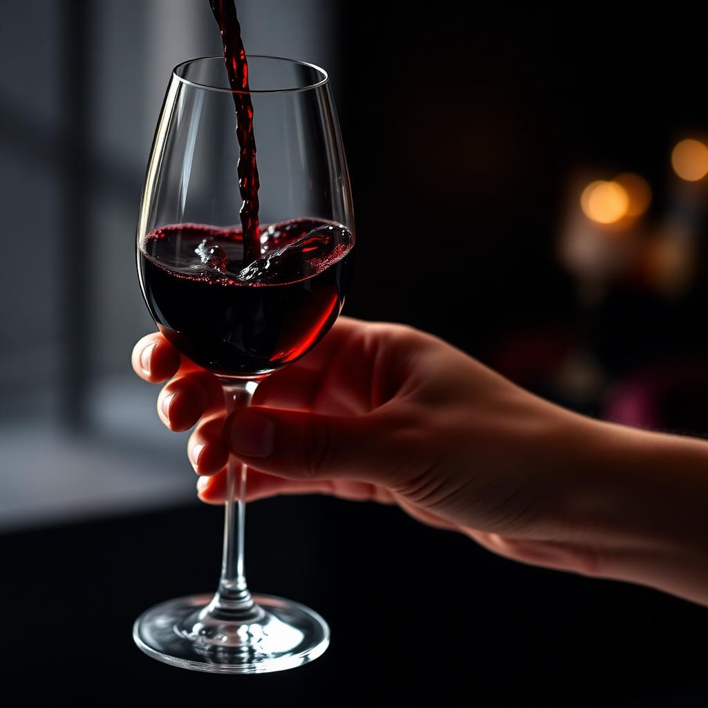 Verre de vin rouge tenu en main, lumiere tamisee, degustation de prestige
