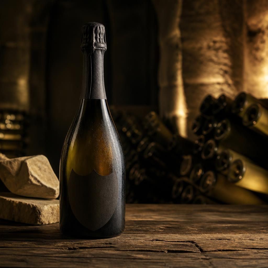 Bouteille de champagne Dom Pérignon dans une cave a temperature stable avec des bouteilles en arriere-plan