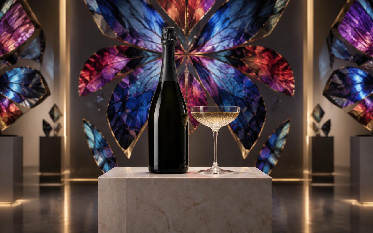 Bouteille de champagne et coupe devant une composition artistique aux couleurs bleues, violettes et rouges