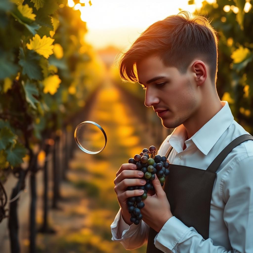 Jeune vigneron examinant une grappe de raisins dans un vignoble au coucher du soleil avec une loupe