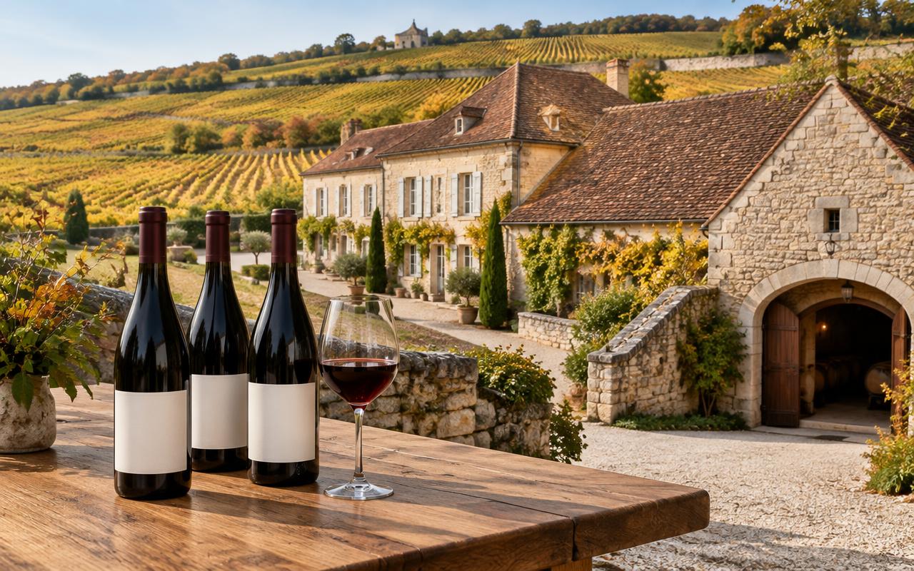 Domaine viticole en pierre au milieu des vignes, avec trois bouteilles et un verre de vin rouge