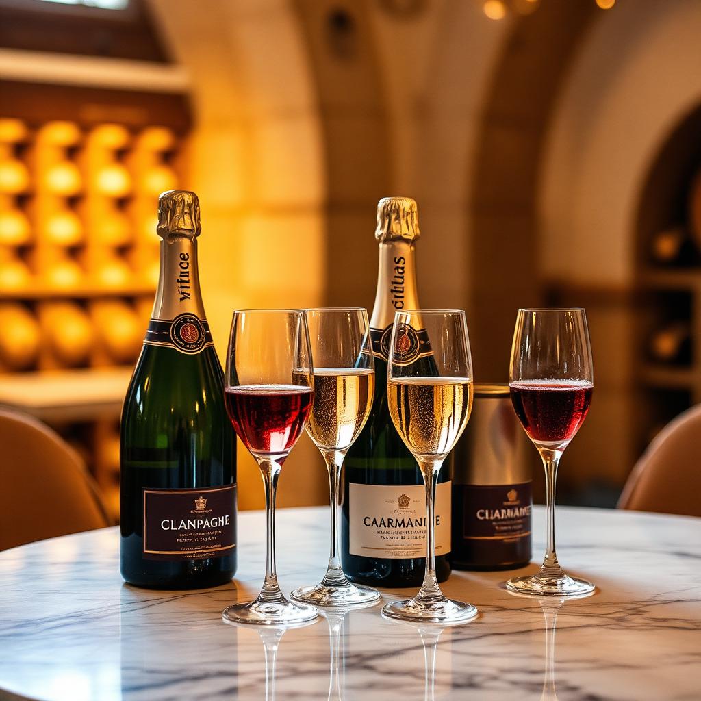 Bouteilles de Champagne et flûtes sur une table en marbre, lumière dorée cave à vin
