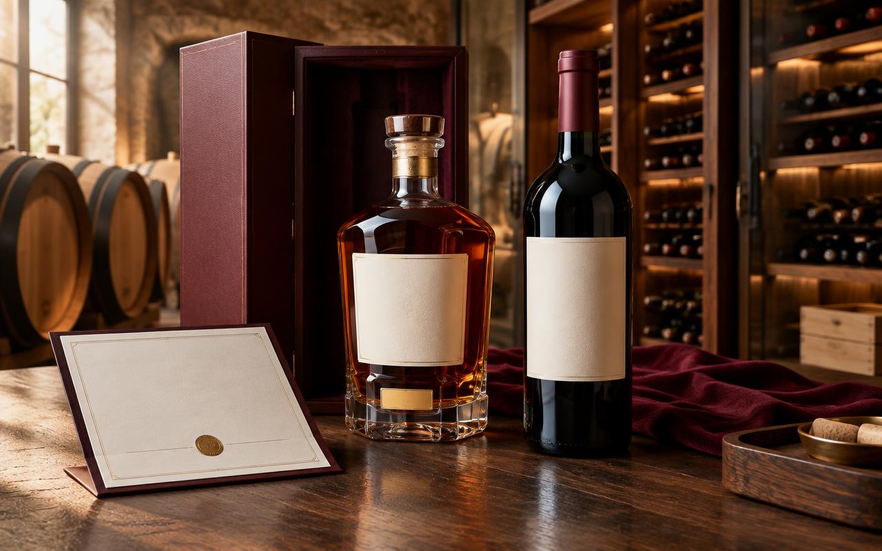 Bouteilles de vin et de spiritueux en édition limitée avec coffret dans une cave de collection
