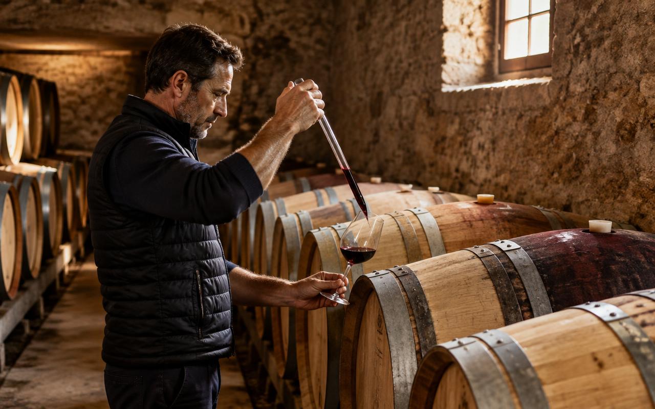 Maître de chai dégustant un vin rouge au milieu de fûts de chêne dans une cave française