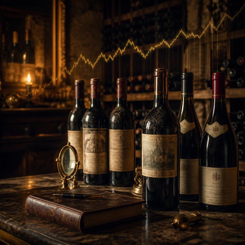 Bouteilles historiques de grands crus dans une cave ancienne avec un graphique de marche dore en arriere-plan