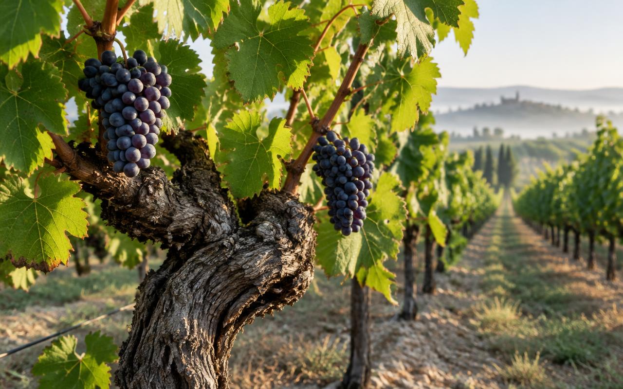 Illustration d’une vieille vigne portant deux grappes de raisins noirs dans un vignoble soigneusement entretenu