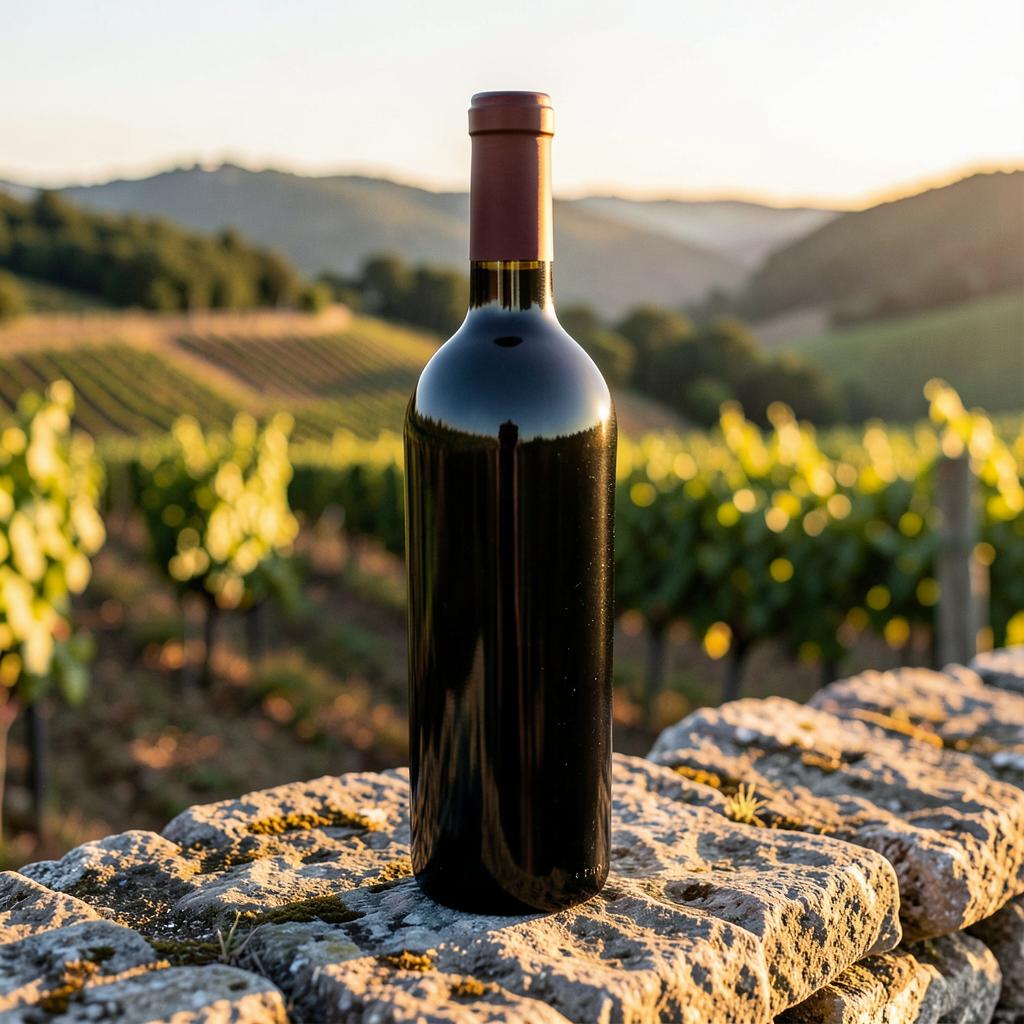 Bouteille de vin rouge du Languedoc posee sur un mur de pierre seche devant un vignoble mediterraneen au coucher du soleil