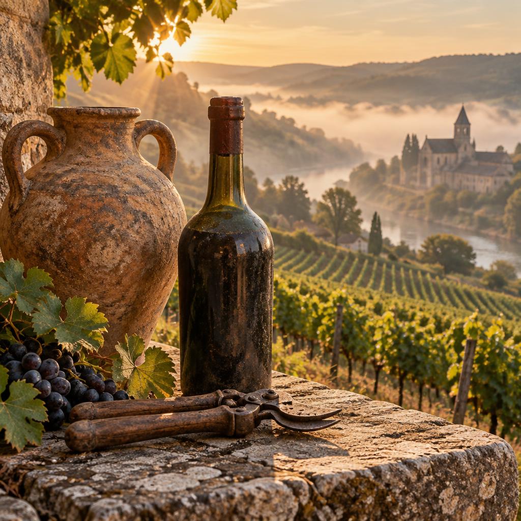 Amphore ancienne, bouteille et sécateur devant un vignoble français et une abbaye au soleil levant