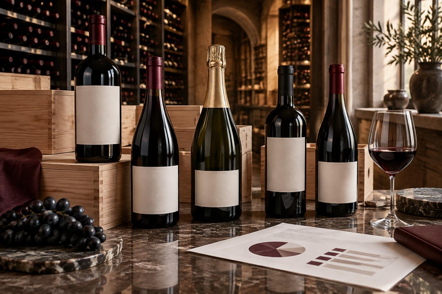 Portefeuille diversifié de bouteilles de Bordeaux, Bourgogne, Champagne et Rhône dans une cave avec graphique de répartition