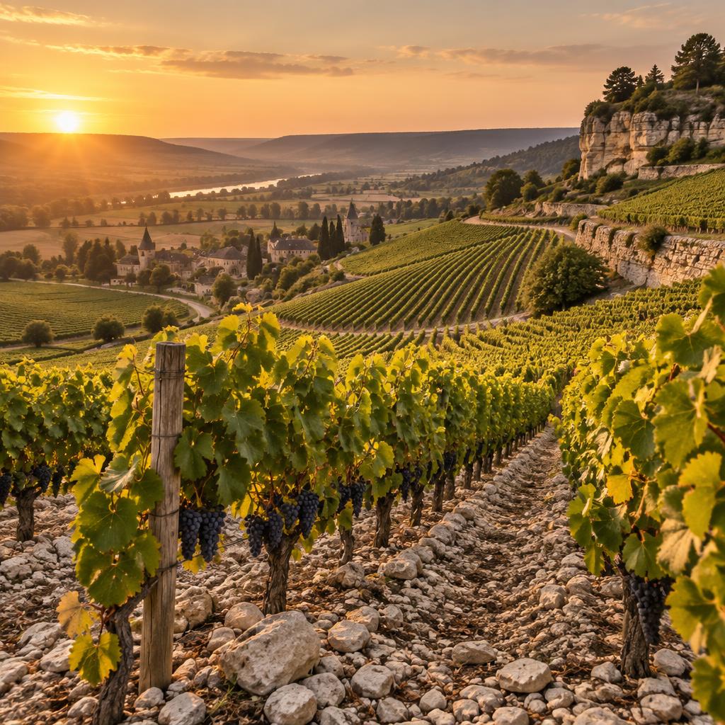 Parcelle de vigne en coteau au coucher du soleil, sol pierreux et vignes alignees