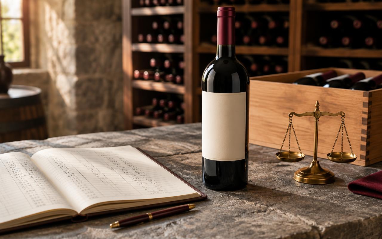 Bouteille de vin dans une cave avec registre comptable, balance et caisse en bois
