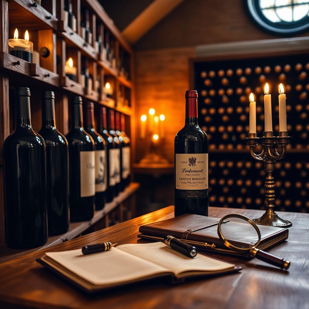 Cave à vin éclairée à la bougie avec grands crus de Bordeaux, carnet en cuir et loupe — illustration de l'article Investissement dans le vin 2026