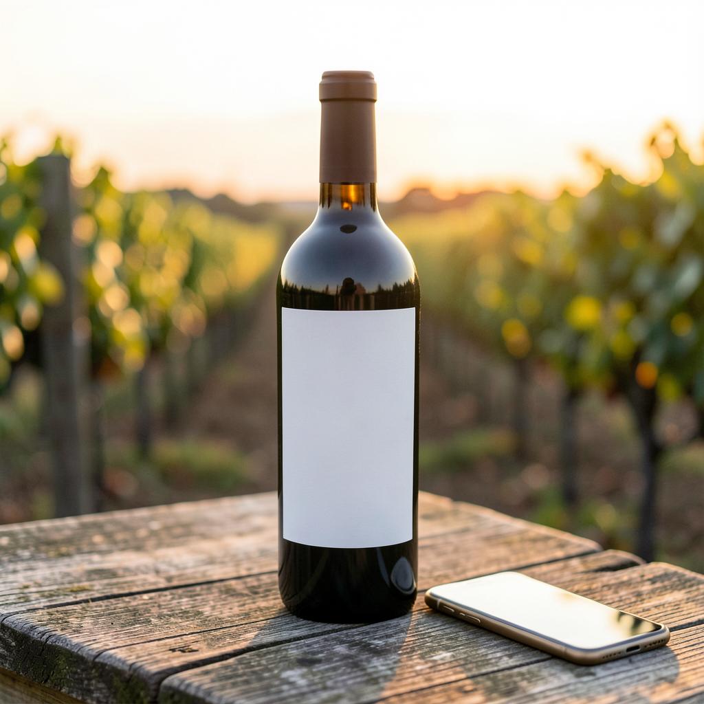 Bouteille de vin premium a l'etiquette vierge sur une table en bois dans un vignoble au coucher du soleil, un smartphone pose a cote