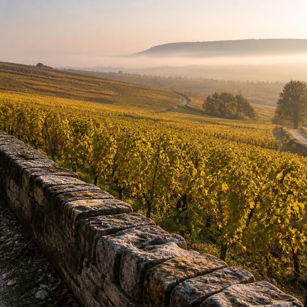 Vignoble de Montrachet sur la Côte de Beaune, ceps de Chardonnay dorés et muret en pierre au lever du jour