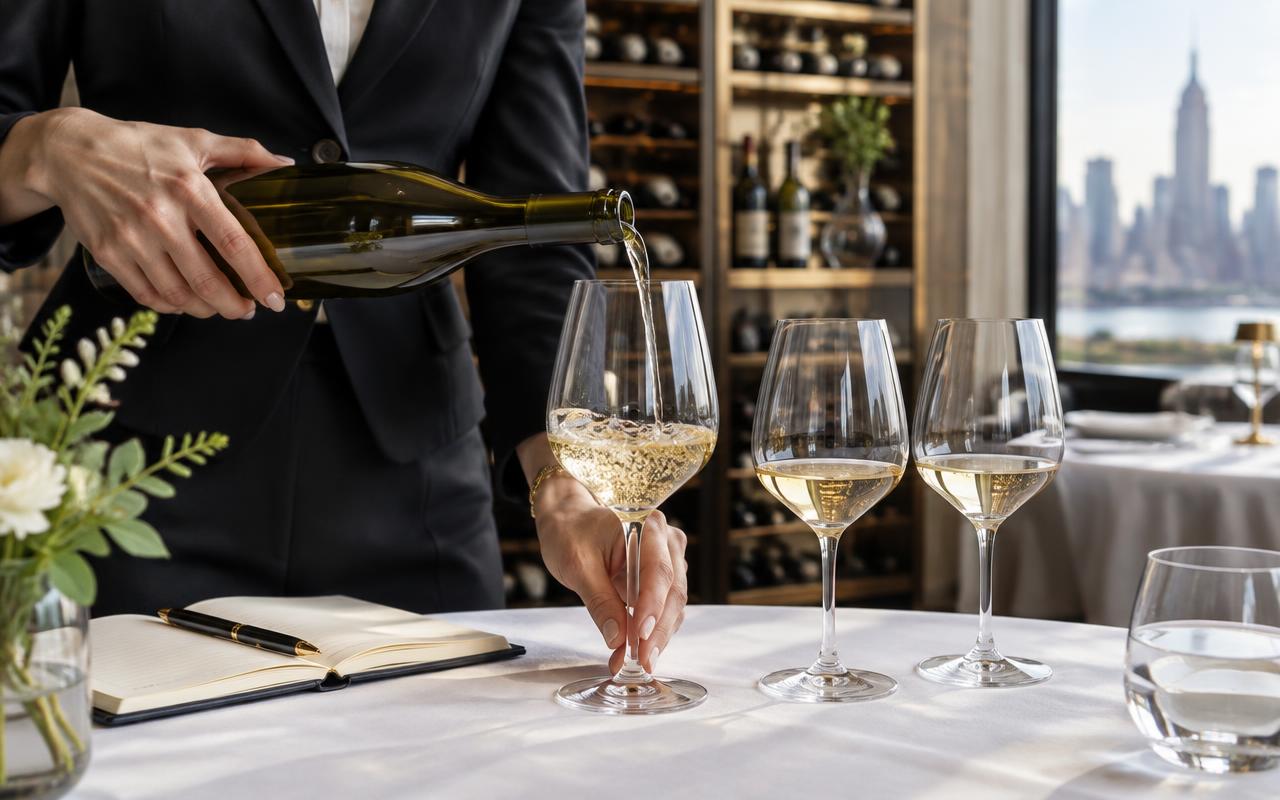 Illustration du métier de sommelier : service d’un vin blanc et verres de dégustation dans un restaurant new-yorkais