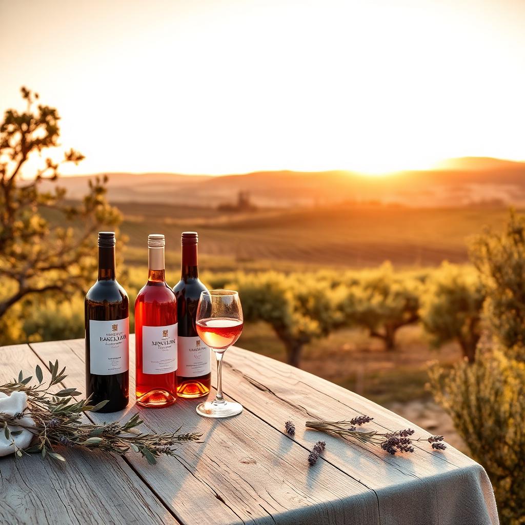Bouteilles de vin rosé et rangs de vigne au coucher du soleil dans le Luberon, domaine viticole de Provence