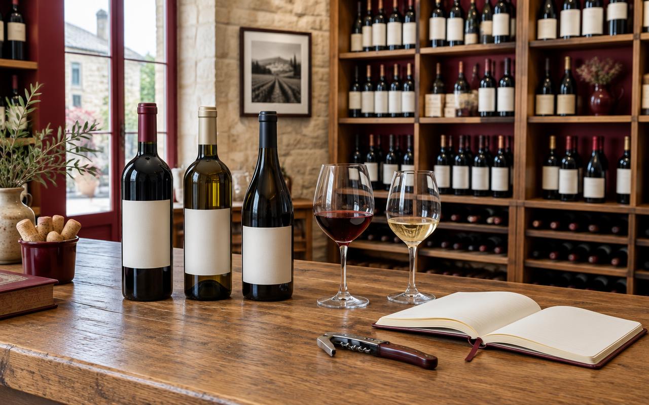Illustration du métier de caviste : bouteilles, verres de dégustation et carnet sur un comptoir dans une cave à vin