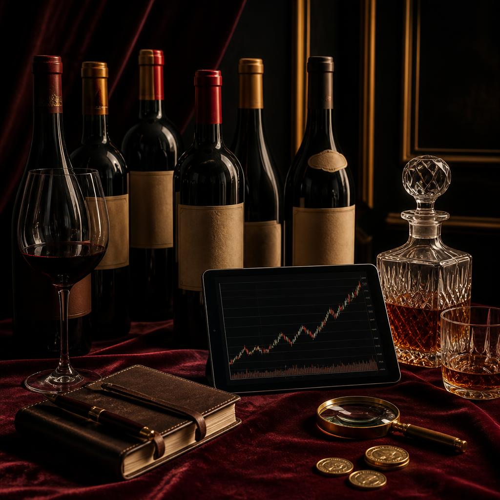 Bouteilles de grands crus, carafe de spiritueux, ordinateur affichant un tableau de bord d'investissement et carnet en cuir sur velours bordeaux — plateforme Resell Alcool