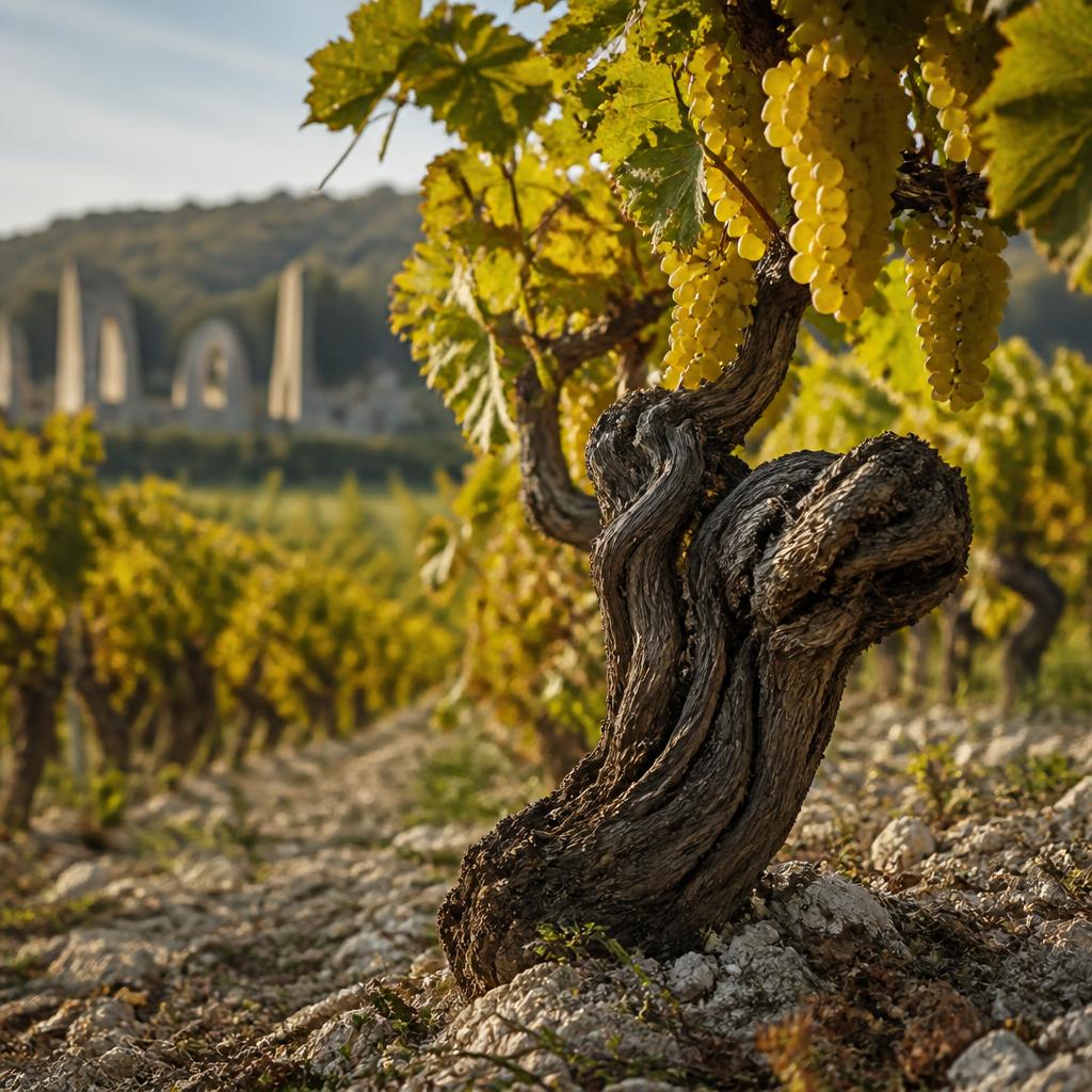Vieille vigne de Savagnin au tronc noueux chargée de raisins dorés dans un vignoble du Jura, ruines d'abbaye en arrière-plan