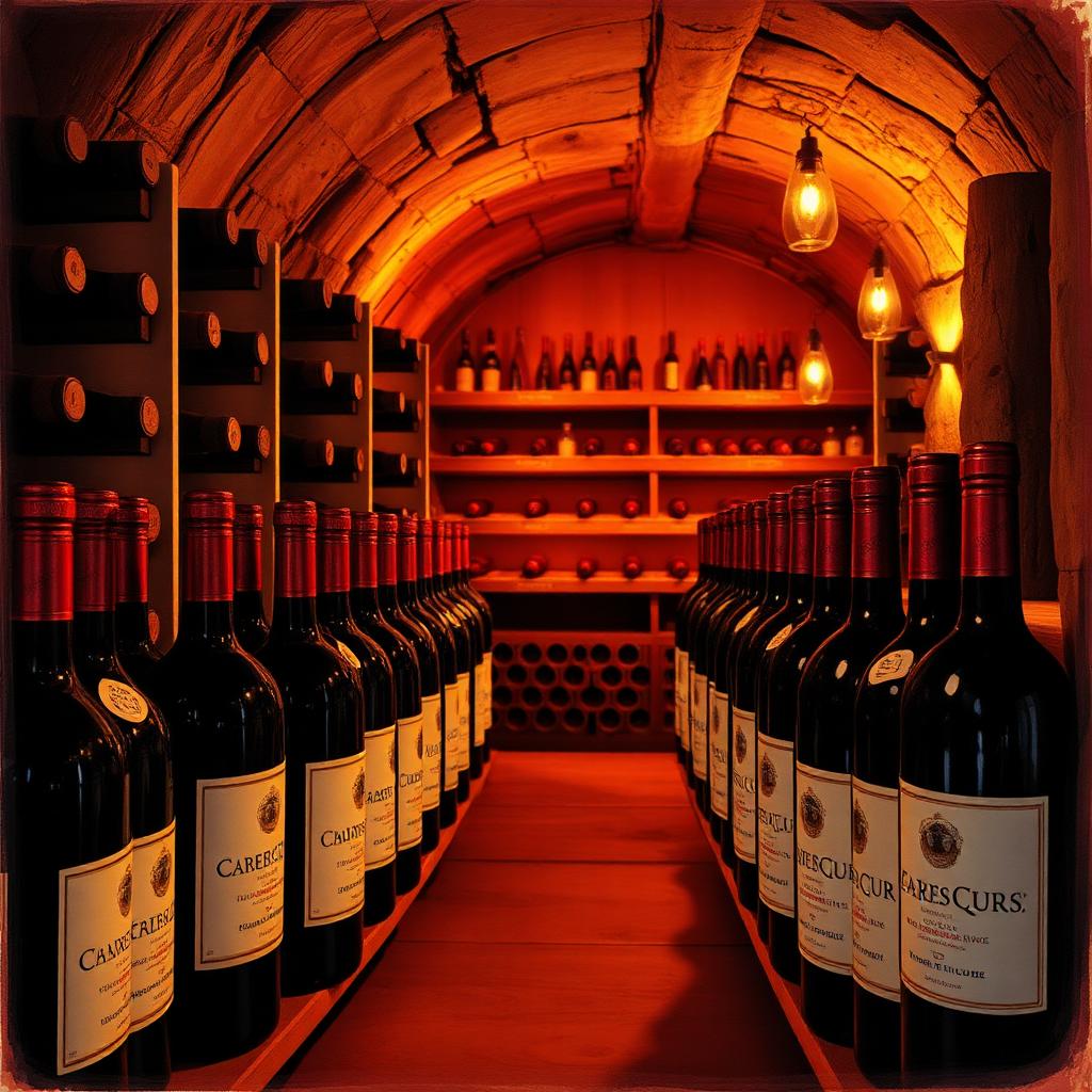 Cave a vin de prestige avec bouteilles de grands crus, ambiance chaleureuse et luxueuse