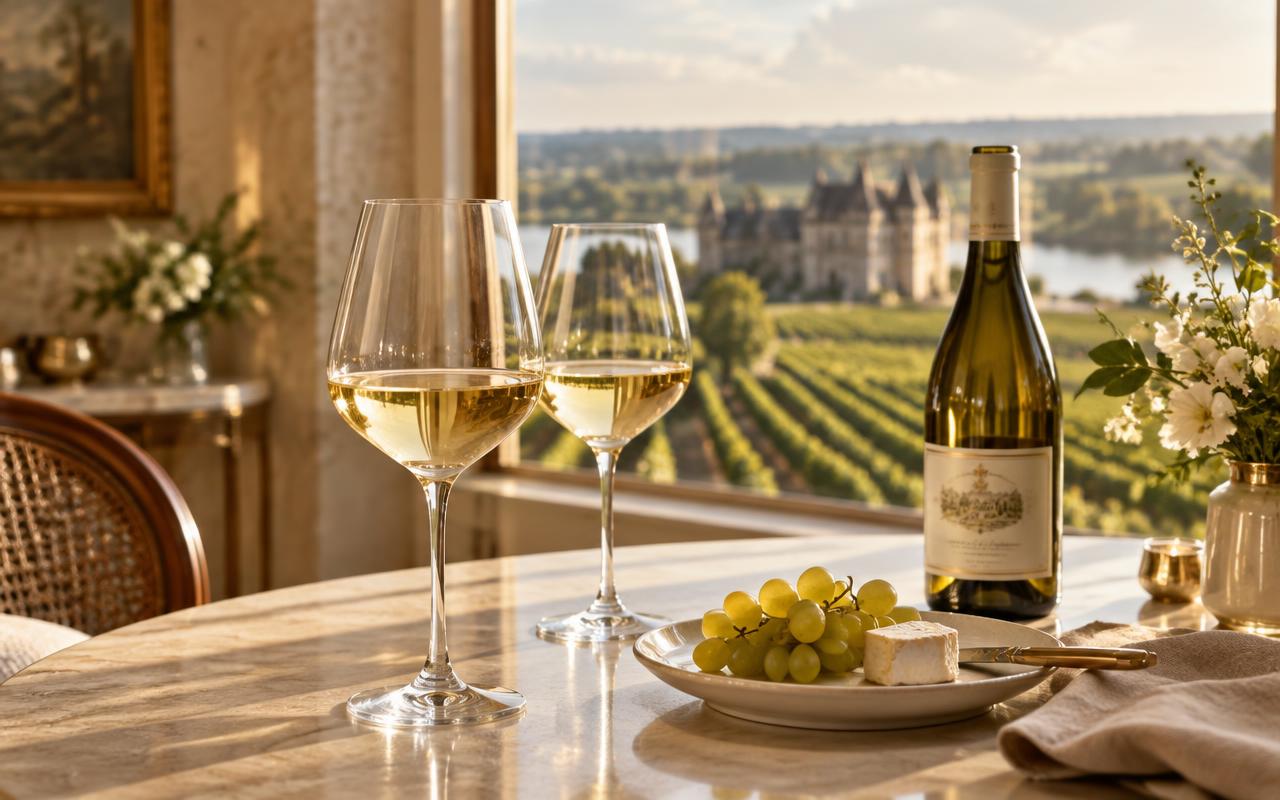 Deux verres de vin blanc et une bouteille de Bourgogne blanc sur une table, avec un vignoble ensoleillé en arrière-plan
