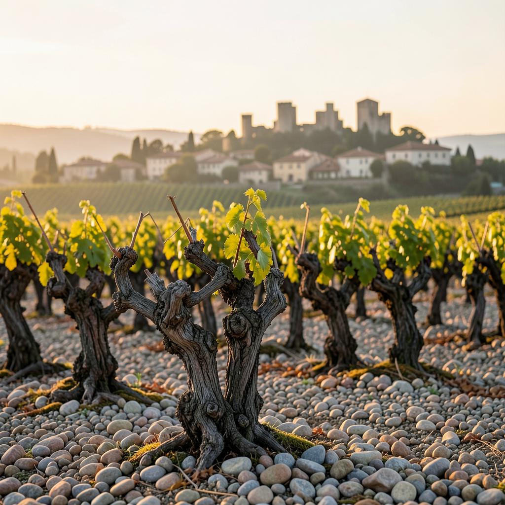 Vieilles vignes de Grenache sur les galets roules de Chateauneuf-du-Pape au coucher du soleil
