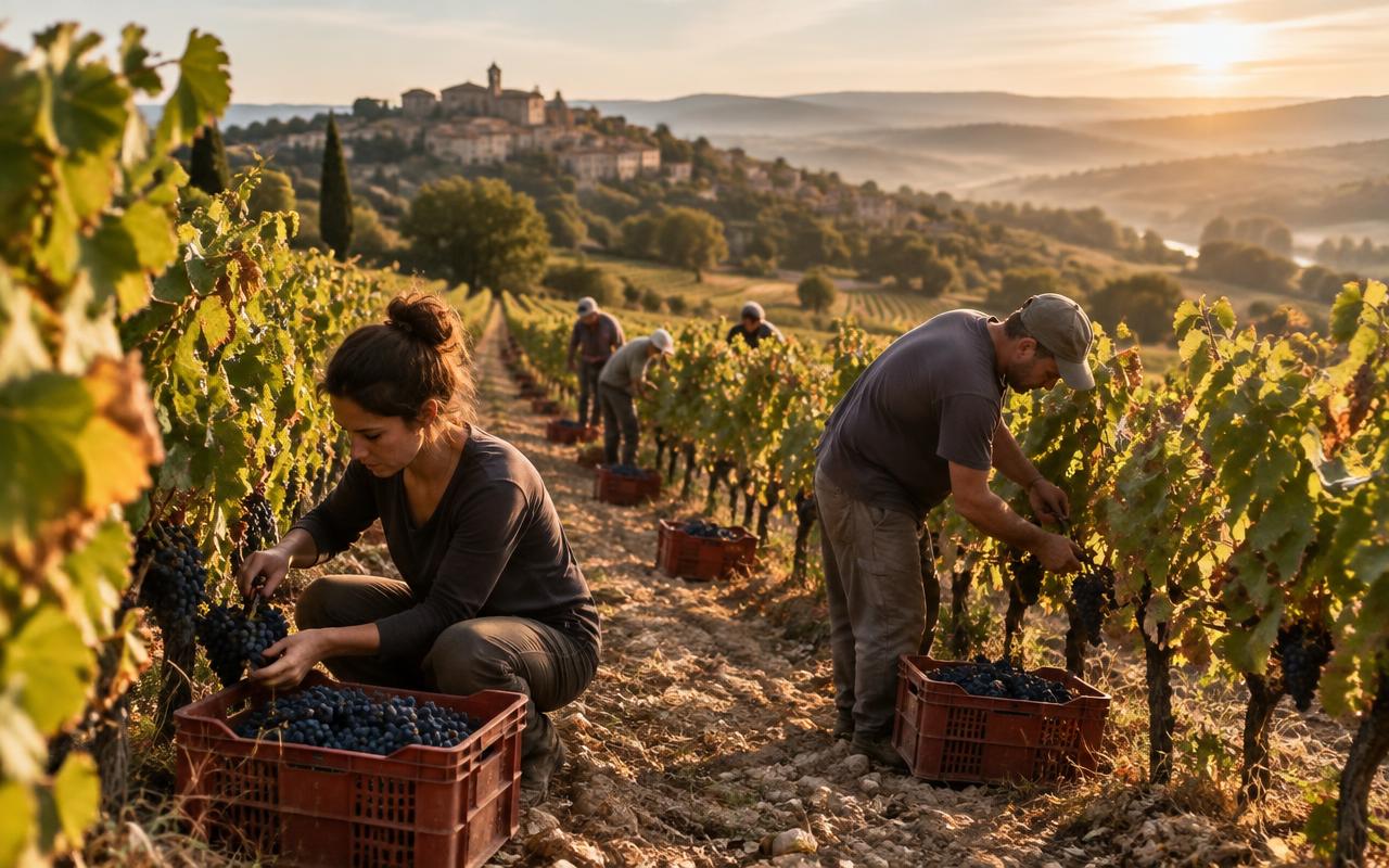 Vendangeurs récoltant des grappes mûres dans un vignoble français après un été chaud et sec