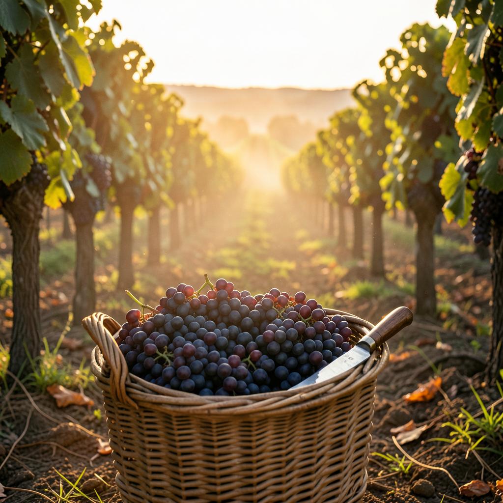 Panier de raisins fraichement coupes dans un vignoble francais au lever du soleil