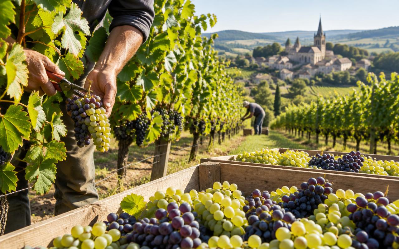 Vendangeurs récoltant des grappes dans un vignoble français avec des caisses de raisins au premier plan
