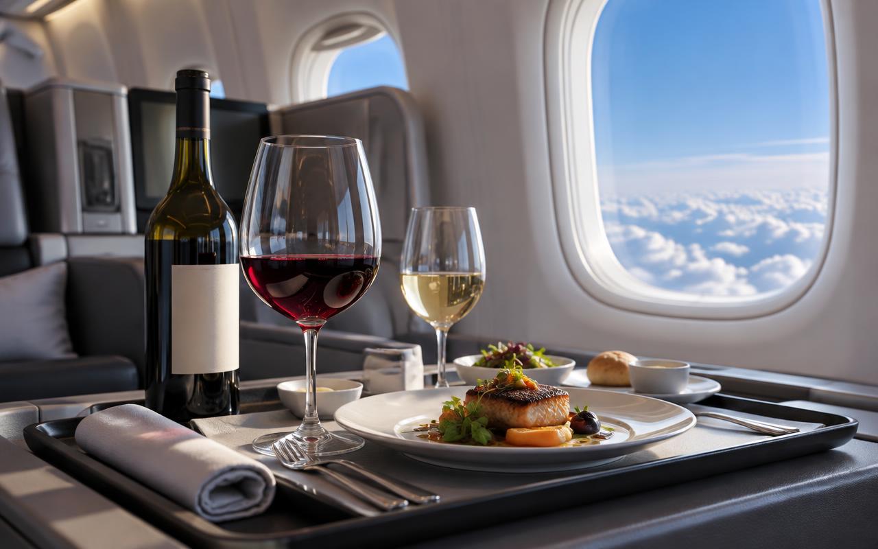 Verres de vin rouge et blanc servis avec un repas en classe affaires devant un hublot d’avion