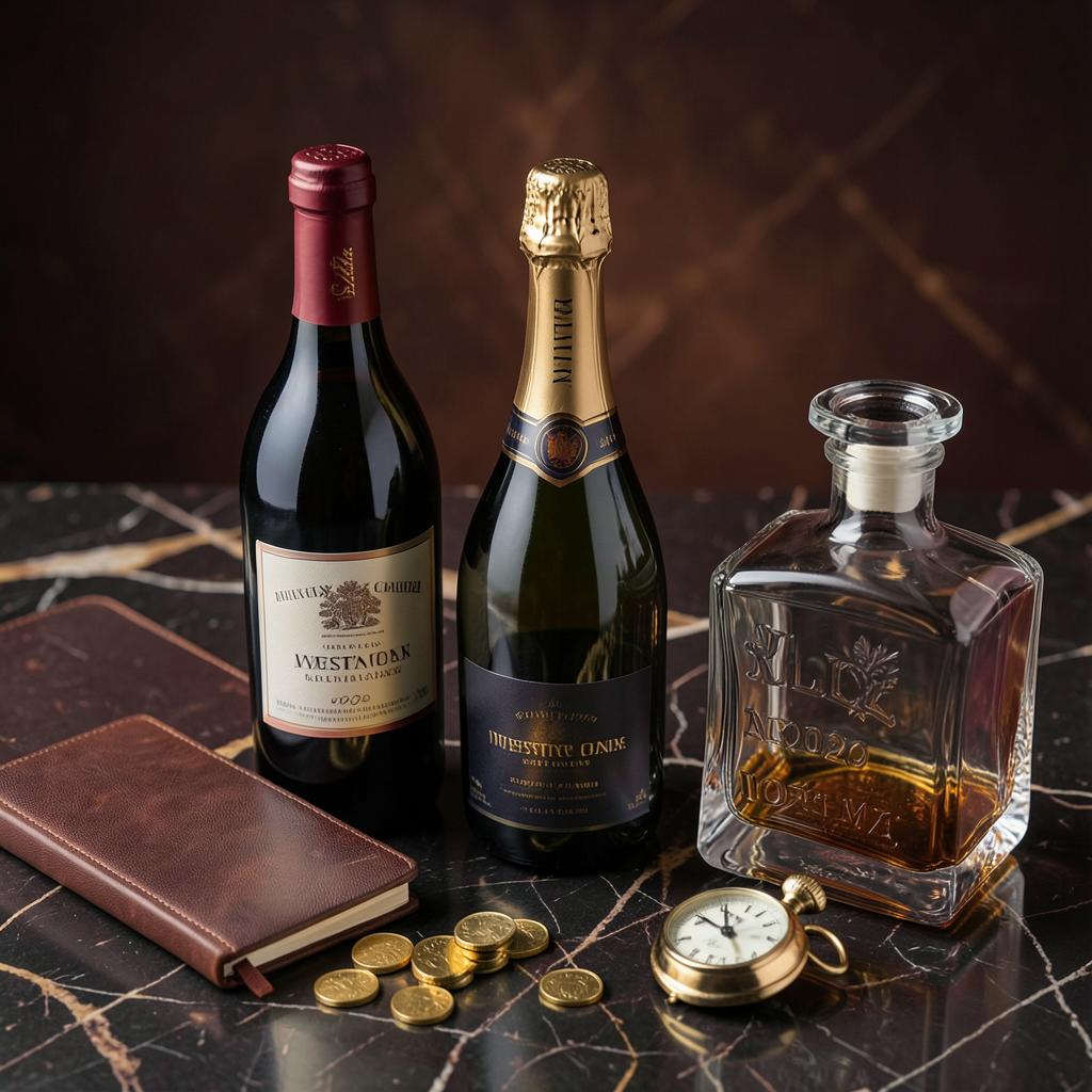 Composition luxueuse avec une bouteille de vin rouge, une bouteille de champagne et une carafe de whisky sur un marbre noir, pieces d'or et montre gousset