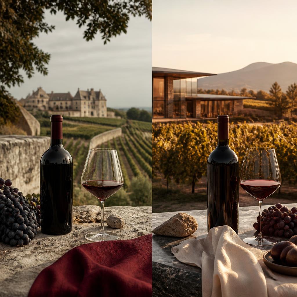 Comparaison entre un vignoble d'Ancien Monde en France et un vignoble de Nouveau Monde ensoleille