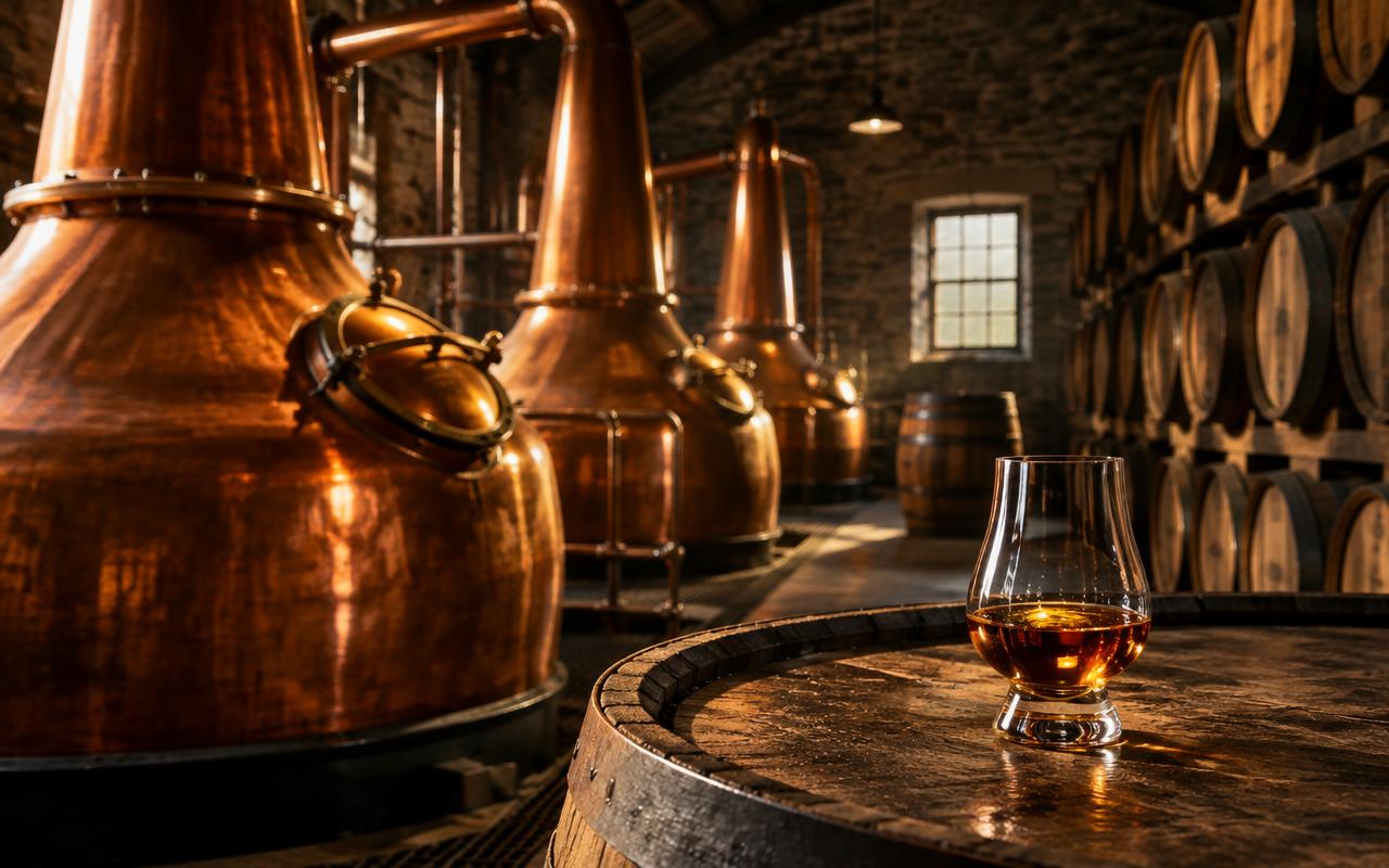 Alambics en cuivre et fûts de chêne dans une distillerie de whiskey irlandais traditionnelle